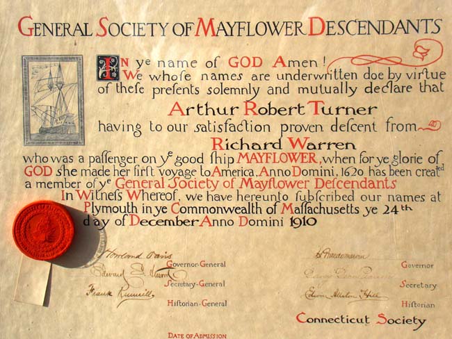 A RARE "General Society of MAYFLOWER Descendants" certificate issued Dec. 24, 1910 to Arthur Robert Turner.